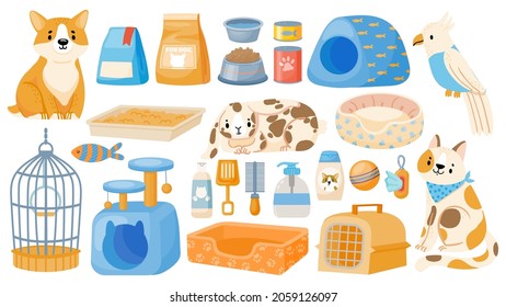 Care tools and accessory for domestic animals, dogs, cats and parrots. Cartoon pet store items, food, carrier, bowl, toy and beds vector set. Shop with equipment and snack isolated in white