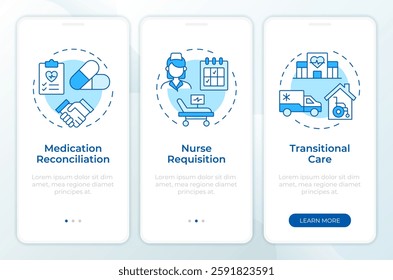 Care transitions blue onboarding mobile app screen. Medicine. Walkthrough 3 steps editable graphic instructions with linear concepts. UI, UX, GUI template