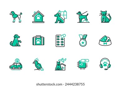 Care and treatment of pets - set of line design style icons isolated on white background. High quality images of dogs, cats and parrots. Specialized food, veterinarian support, medications, rewards