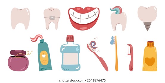 Care and treatment of teeth. Vector isolated set of cute dental implant types and stomatology tools. Paste and brush, floss and molars. Mint refreshing breath and healthy smile of patient