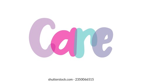 Care typography lettering background sign banner, label, sticker, text design, pink, purple, lilac, blue, white background, tag