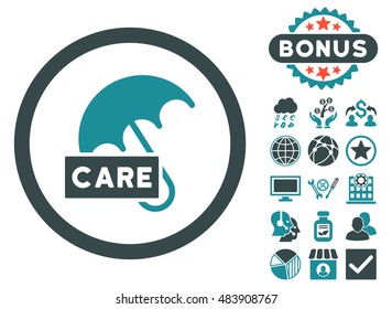 Care Umbrella icon with bonus design elements. Vector illustration style is flat iconic bicolor symbols, soft blue colors, white background.