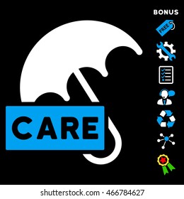 Care Umbrella icon with bonus pictograms. Vector illustration style is flat iconic bicolor symbols, blue and white colors, black background, rounded angles.
