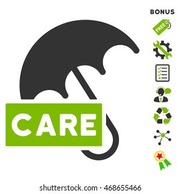 Care Umbrella icon with bonus pictograms. Vector illustration style is flat iconic bicolor symbols, eco green and gray colors, white background, rounded angles.