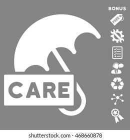 Care Umbrella icon with bonus pictograms. Vector illustration style is flat iconic symbols, white color, gray background, rounded angles.