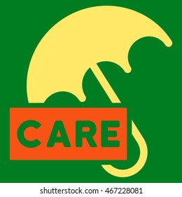 Care Umbrella icon. Vector style is bicolor flat iconic symbol with rounded angles, orange and yellow colors, green background.