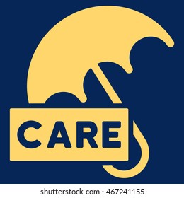Care Umbrella icon. Vector style is flat iconic symbol with rounded angles, yellow color, blue background.