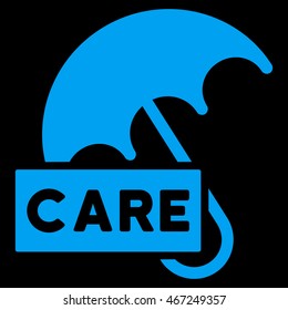 Care Umbrella icon. Vector style is flat iconic symbol with rounded angles, blue color, black background.