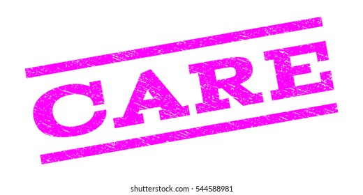 Care watermark stamp. Text caption between parallel lines with grunge design style. Rubber seal stamp with dust texture. Vector magenta color ink imprint on a white background.