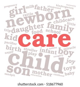 Care. Word cloud, red font, white background. Family concept.