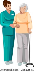 Care worker walking with elderly woman with cane two women elderly and young walking full length front view care worker for elderly dressed in uniform illustration of caring for the elderly Vector