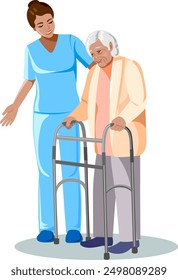 Care worker young girl in blue uniform helping elderly woman with walker for the elderly to do walking Vector