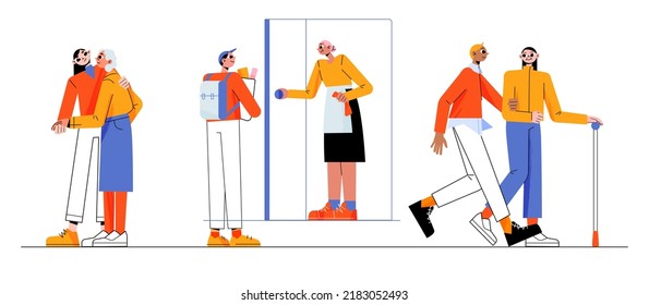 Care workers help old people. Concept of nurse support, social volunteers. Vector flat illustration of caregivers walking with elder woman, talk, delivery food at home