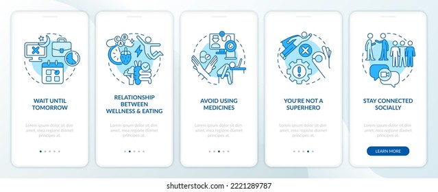 Care for yourself blue onboarding mobile app screen. Combat burnout walkthrough 5 steps editable graphic instructions with linear concepts. UI, UX, GUI template. Myriad Pro-Bold, Regular fonts used