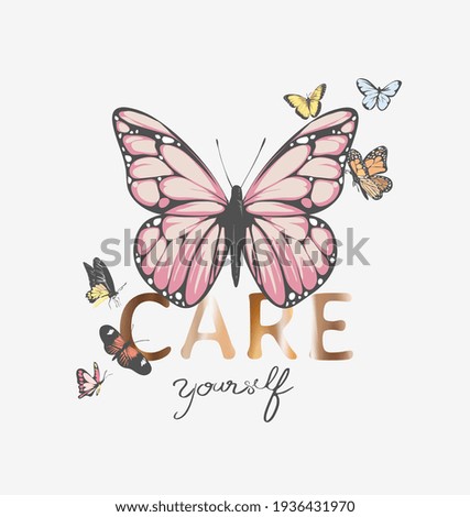 care yourself gold foil print slogan with colorful butterflies illustration