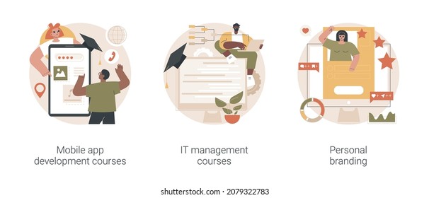 Career in IT abstract concept vector illustration set. Mobile app development courses, IT management courses, personal branding, junior app developer, business frameworks abstract metaphor.