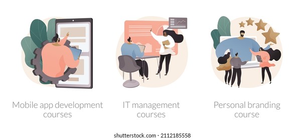 Career in IT abstract concept vector illustration set. Mobile app development courses, IT management courses, personal branding, junior app developer, business frameworks abstract metaphor.