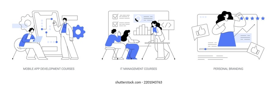 Career in IT abstract concept vector illustration set. Mobile app development courses, IT management courses, personal branding, junior app developer, business frameworks abstract metaphor.