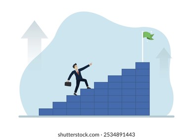 Career achievement, business growth, businessman climbing the growth ladder to reach the success flag. Business vector illustration.