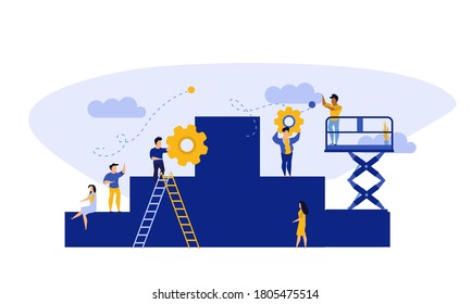 Career Achievement challenge or target, flat vector illustration. People walking up kpi business steps. Job business leader ambition, path for success concept . climbing steps to goal.  Performance progress banner