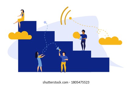 Career Achievement challenge or target, flat vector illustration. People walking up kpi business steps. Job business leader ambition, path for success concept . climbing steps to goal.  Performance progress banner