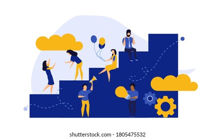 Career Achievement challenge or target, flat vector illustration. People walking up kpi business steps. Job business leader ambition, path for success concept. climbing steps to goal.  Performance progress banner