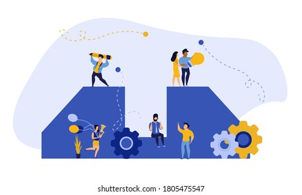 Desafío por el logro de la carrera o ilustración vectorial plana de destino. Gente caminando por los pasos de negocios de kpi. La ambición de líder de negocios de empleo, el camino hacia el concepto de éxito. escalar pasos hacia el gol.  Banner de progreso de rendimiento