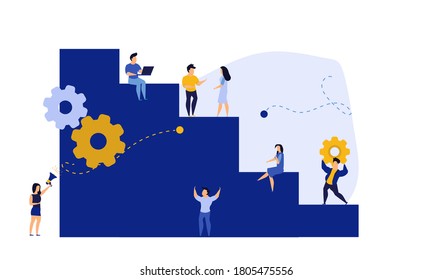 Desafío por el logro de la carrera o ilustración vectorial plana de destino. Gente caminando por los pasos de negocios de kpi. La ambición de líder de negocios de empleo, el camino hacia el concepto de éxito. escalar pasos hacia el gol.  Banner de progreso de rendimiento