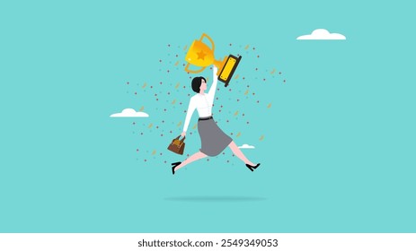 career achievement concept, celebrate work achievement, winning prize or trophy illustration, employee of the month, businesswoman holding trophy achieve her business goal or success