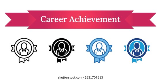 Career Achievement - Multi Style Outline, Glyph Silhouette, Blue, Dual Tone Icon - Person inside a ribbon seal, representing recognition of professional or educational excellence
