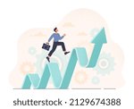 Career advancement abstract concept. Young Male entrepreneur with briefcase runs up wavy arrow. Promotion of company and growth of business income. Cartoon contemporary flat vector illustration