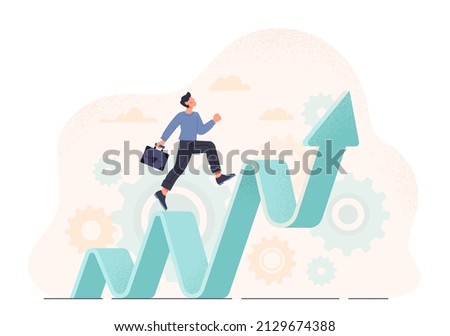 Career advancement abstract concept. Young Male entrepreneur with briefcase runs up wavy arrow. Promotion of company and growth of business income. Cartoon contemporary flat vector illustration