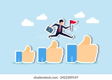 Career advancement Achievements, promotions, appreciation for successful employees concept, happy businessman holding winner flag jumping up growing thumbs up sign.
