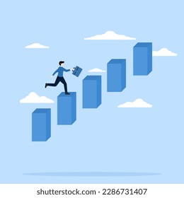 Career advancement, business development or growth, improvement opportunity concept, salary or job, promotion to more responsibility, successful businessman increasing progress bar chart ladder.