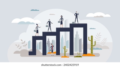 Career advancement and business progress development tiny person concept. Work achievement, professional growth opportunity and improvement vector illustration. Job promotion and challenges for rise.