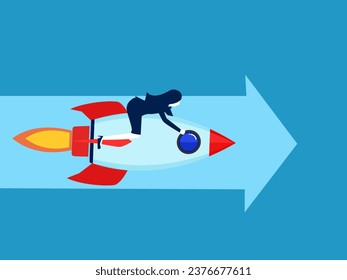 Career advancement. businesswoman controls a rocket flying along the arrow pointing forward