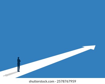 Career advancement, Challenge, Businessman on a path pointing forward arrow