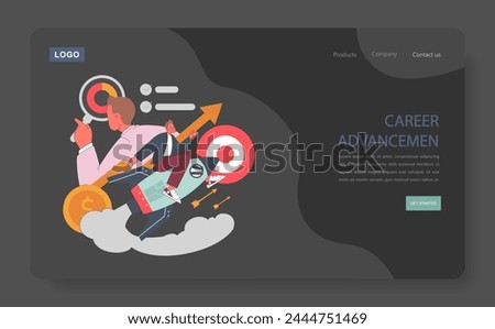 Career Advancement concept. Ambitious professional zooming in on targets while riding a rocket, symbolizing aspiration, achievement, and swift growth in the corporate world. Flat vector illustration.