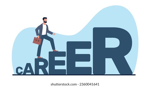 Career advancement concept, businessman rises up through series of letter steps. Path to achieving goals, employee motivation. Ambition on work. Vector cartoon flat isolated illustration
