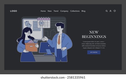 Career advancement concept. A woman starts a new job, welcomed by a colleague at her desk with a supportive handshake. First day at work, office introduction, career growth. Vector illustration.