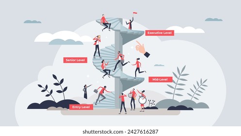 Career advancement and employee professional growth tiny person concept. Job progress from entry level to senior and executive position vector illustration. Motivation steps and achievement ladder.