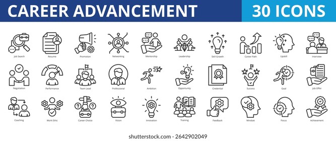 Ícone de avanço de carreira conjunto de coleta de pacotes para promoção de emprego e recursos humanos. Com busca de emprego, currículo, promoção, networking, mentoreamento, liderança, crescimento de habilidades, trajetória de carreira, aprimoramento de habilidades