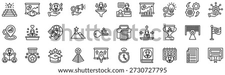 Career Advancement icons collection. Vector illustration. Career path, Strategic vision, Increase, Advertising, Filter, Interview, Bar chart, Creative, Gear, Skill, Location. Pro Vector	