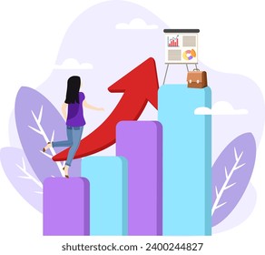 Career advancement illustration. Career advancement abstract concept. Young entrepreneur runs up wavy arrow. Promotion of company and growth of business income.