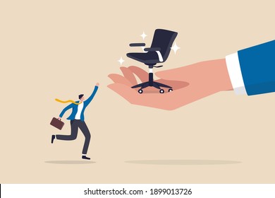 Career advancement, job promotion or career development or management or executive opportunity in company concept, boss helping hand give management chair to happy ambitious office businessman worker.