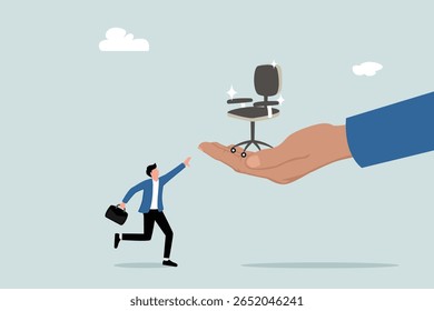 Career advancement, job promotion or career development or management or executive opportunity in company concept, boss helping hand give management chair to happy ambitious office businessman worker