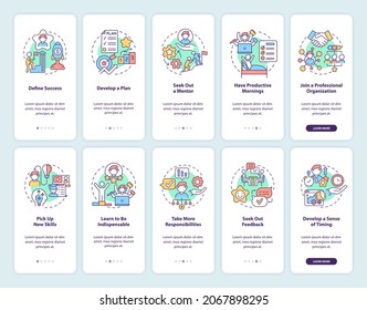 Career advancement onboarding mobile app page screen set. Job walkthrough 5 steps graphic instructions with concepts. UI, UX, GUI vector template with linear color illustrations collection