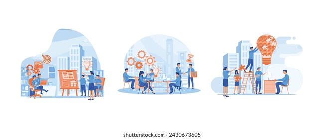 Career advancement. Online assistant at work. Working together in the company, brainstorming. Set flat vector modern illustration