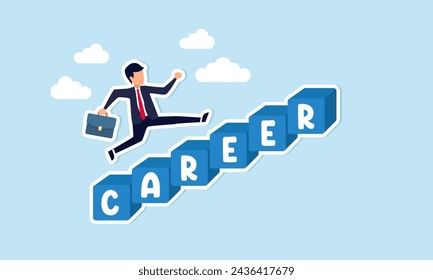 Career advancement personal growth, job promotion, experience, and increased responsibilities concept, smart confident businessman running fast on career stairway rising up to achieve success.