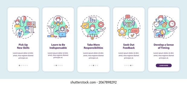 Career advancement process onboarding mobile app page screen. Success walkthrough 5 steps graphic instructions with concepts. UI, UX, GUI vector template with linear color illustrations